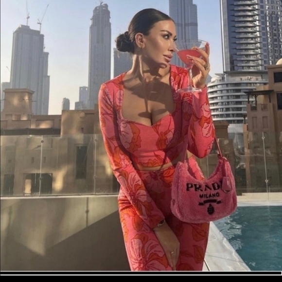 Zara Pink Orange Floral Print Jacquard Crop Top Pants 2 Piece Set small - Picture 3 of 14